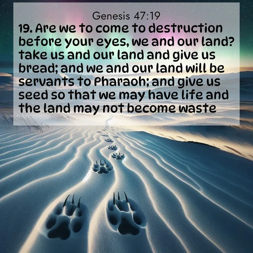 BasicEnglish Genesis  ; image nature: image with the bible verse :Are we to come to destruction before your eyes, we and our land? take us and our land and give us bread; and we and our land will be servants to Pharaoh; and give us seed so that we may have life and the land may not become waste. ; Explore a stunning collection of Bible verse images featuring picturesque scenery like sun-drenched meadows, tranquil lakes, and majestic forests. All images are free to download and share. Verses include KJV Genesis 47:19. Current verse is overlayed with the thematic nature scene : Arctic fox tracks cross windswept tundra. Northern lights pulse overhead in cosmic rhythm. ; 47:19