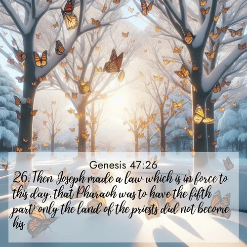 BasicEnglish Genesis  ; image nature: image with the bible verse :Then Joseph made a law which is in force to this day, that Pharaoh was to have the fifth part; only the land of the priests did not become his. ; Admire Bible verse images capturing the beauty of beaches, with turquoise waters, palm trees, and peaceful shores. These soothing scenes reflect God&#039;s serenity and majesty. Download and share verses like KJV Genesis 47:26. Current verse is overlayed with the thematic nature scene : Monarch butterflies cover winter trees. Their wings catch light like stained glass. ; 47:26