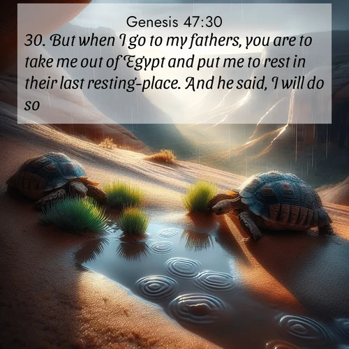 BasicEnglish Genesis  ; image nature: image with the bible verse :But when I go to my fathers, you are to take me out of Egypt and put me to rest in their last resting-place. And he said, I will do so. ; Discover a gallery of Bible verse images showcasing the beauty of autumn, with golden leaves, red forests, and peaceful fields bathed in soft light. These soothing scenes are perfect for accompanying inspiring verses like KJV Genesis 47:30. Current verse is overlayed with the thematic nature scene : Desert tortoises emerge after summer rains. Thunder echoes through hidden canyons. ; 47:30
