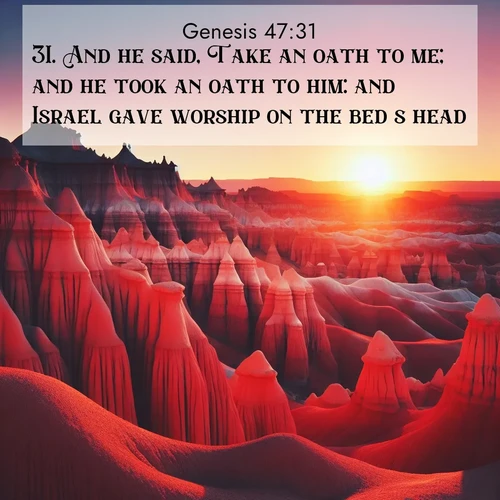 BasicEnglish Genesis  ; image nature: image with the bible verse :And he said, Take an oath to me; and he took an oath to him: and Israel gave worship on the bed&#039;s head. ; Discover Bible images adorned with spring landscapes, like tulip fields, cherry blossoms, and green hills. These bright scenes symbolize God&#039;s renewal and grace. Download verses like KJV Genesis 47:31. Current verse is overlayed with the thematic nature scene : Wind-carved hoodoos stand like sentinels in the painted desert. Their red-rock spires catch the last rays of sunset. ; 47:31