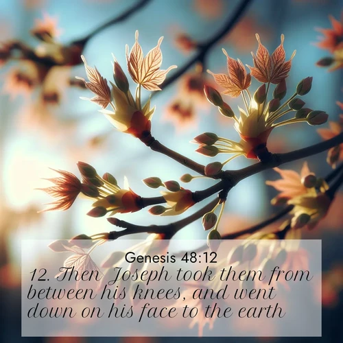 BasicEnglish Genesis  ; image nature: image with the bible verse :Then Joseph took them from between his knees, and went down on his face to the earth. ; Discover beautiful Bible verse images that combine inspiring scripture with captivating nature photos. Download high-quality images featuring lush valleys, peaceful streams, and endless horizons like KJV Genesis 48:12. Current verse is overlayed with the thematic nature scene : Spring buds burst open on maple branches against a blue sky. ; 48:12