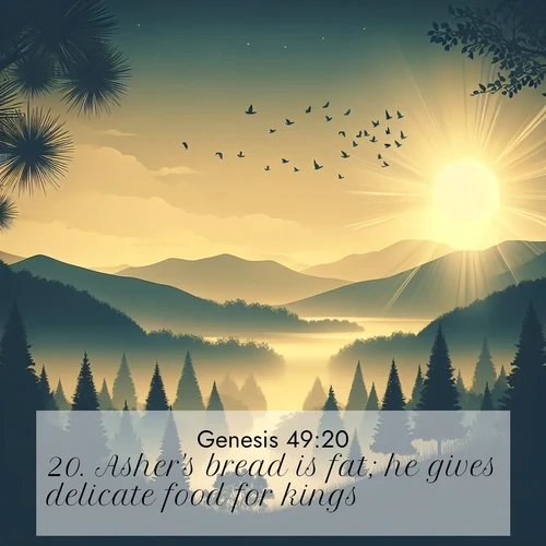 BBE Genesis 49:20 overlaying nature image scene: Morning mist reveals hidden valleys. Birdsong heralds the dawn.;20. Asher's bread is fat; he gives delicate food for kings.
