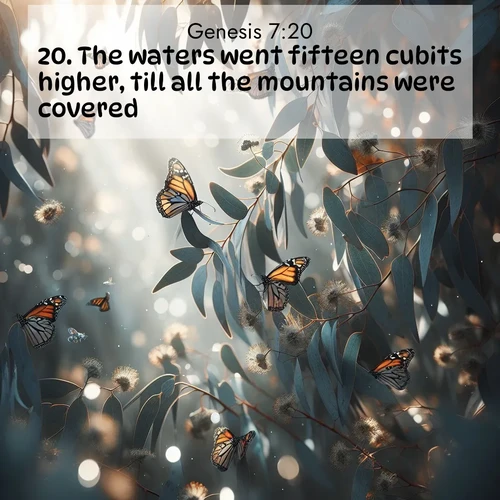 BasicEnglish Genesis  ; image nature: image with the bible verse :The waters went fifteen cubits higher, till all the mountains were covered. ; Explore serene Bible verse images adorned with photos of divine creation—tranquil beaches, snowy mountains, and starry skies. Each image is free to download and share. Verses include KJV Genesis 7:20. Current verse is overlayed with the thematic nature scene : Monarch butterflies cluster on eucalyptus branches in winter sun. ; 7:20