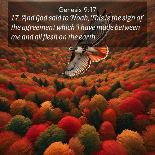 BasicEnglish Genesis  ; image nature: image with the bible verse :And God said to Noah, This is the sign of the agreement which I have made between me and all flesh on the earth. ; Explore winter-themed Bible verse images illustrated by snowy mountains, frost-covered branches, and clear skies. These landscapes reflect divine purity and peace. Download verses like KJV Genesis 9:17. Current verse is overlayed with the thematic nature scene : A red-tailed hawk circles above autumn woods. Leaves below form a mosaic of fire. ; 9:17
