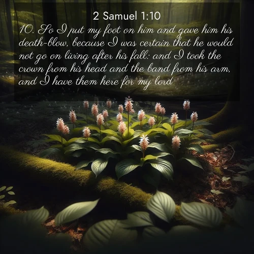 BasicEnglish 2 Samuel  ; image nature: image with the bible verse :So I put my foot on him and gave him his death-blow, because I was certain that he would not go on living after his fall: and I took the crown from his head and the band from his arm, and I have them here for my lord. ; Browse Bible images illustrated by desert landscapes, with endless skies, golden dunes, and isolated palm trees. These images evoke the calm and grandeur of God&#039;s creation. Download inspiring verses like KJV 2 Samuel 1:10. Current verse is overlayed with the thematic nature scene : Wild ginger blooms hidden in forest shadows. Filtered sunlight reveals their secret beauty. ; 1:10