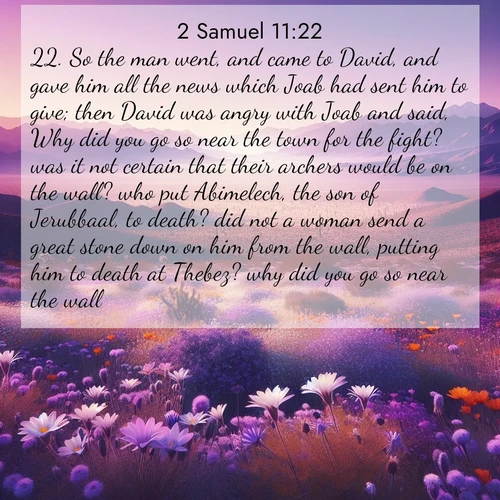 BBE 2 Samuel 11:22 overlaying nature image scene: Desert wildflowers carpet Death Valley after winter rains. Mountains fade to purple on the horizon.;22. So the man went, and came to David, and gave him all the news which Joab had sent him to give; then David was angry with Joab and said, Why did you go so near the town for the fight? was it not certain that their archers would be on the wall? who put Abimelech, the son of Jerubbaal, to death? did not a woman send a great stone down on him from the wall, putting him to death at Thebez? why did you go so near the wall?