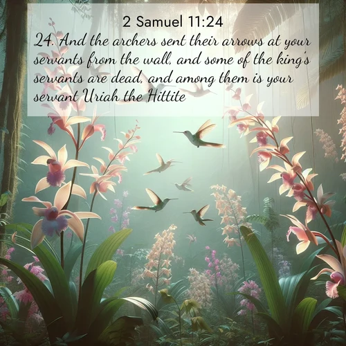 BBE 2 Samuel 11:24 overlaying nature image scene: Wild orchids bloom in rainforest canopy. Hummingbirds dance between delicate petals.;24. And the archers sent their arrows at your servants from the wall, and some of the king's servants are dead, and among them is your servant Uriah the Hittite.