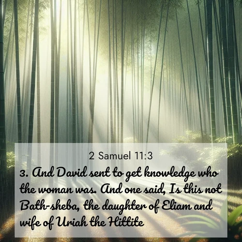 BBE 2 Samuel 11:3 overlaying nature image scene: Bamboo forests cast striped shadows while a gentle rain patters on broad leaves.;3. And David sent to get knowledge who the woman was. And one said, Is this not Bath-sheba, the daughter of Eliam and wife of Uriah the Hittite?