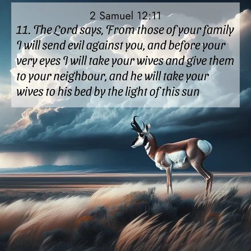 BasicEnglish 2 Samuel  ; image nature: image with the bible verse :The Lord says, From those of your family I will send evil against you, and before your very eyes I will take your wives and give them to your neighbour, and he will take your wives to his bed by the light of this sun. ; Browse our selection of stunning Bible verse images featuring unique natural scenes like fiery autumn forests, serene meadows, and starlit skies. Download and share verses like KJV 2 Samuel 12:11 for free. Current verse is overlayed with the thematic nature scene : A pronghorn pauses on wind-swept plains. Storm clouds build dark towers above. ; 12:11