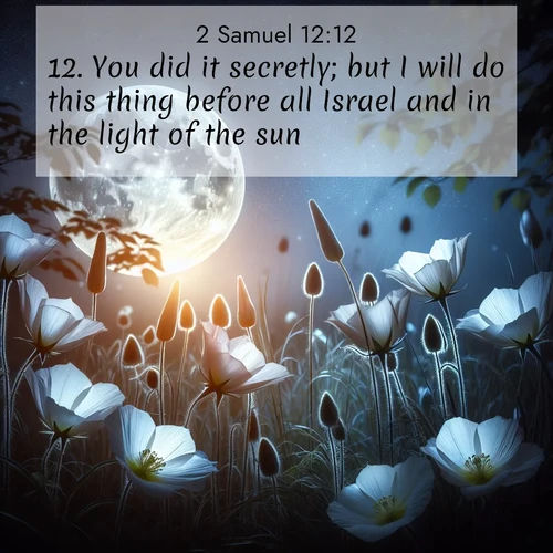 BasicEnglish 2 Samuel  ; image nature: image with the bible verse :You did it secretly; but I will do this thing before all Israel and in the light of the sun. ; Dive into a gallery of Bible verses illustrated by tropical beach scenes, featuring sparkling waves, seashells, and radiant sunrises. These images evoke divine peace and joy. Download and share inspiring verses like KJV 2 Samuel 12:12. Current verse is overlayed with the thematic nature scene : Moonflowers open to the rising full moon. Night insects hum in harmony. ; 12:12