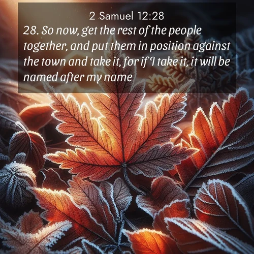 BasicEnglish 2 Samuel  ; image nature: image with the bible verse :So now, get the rest of the people together, and put them in position against the town and take it, for if I take it, it will be named after my name. ; Discover tranquil Bible verse images enhanced with natural scenery like rippling brooks, snow-covered fields, and sunlit beaches. These free images are perfect for wallpapers or spiritual reflection. Share KJV 2 Samuel 12:28. Current verse is overlayed with the thematic nature scene : Autumn frost rims fallen leaves with crystal. ; 12:28