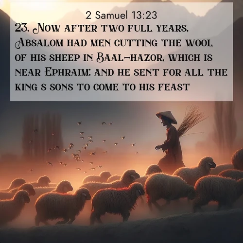 BasicEnglish 2 Samuel  ; image nature: image with the bible verse :Now after two full years, Absalom had men cutting the wool of his sheep in Baal-hazor, which is near Ephraim: and he sent for all the king&#039;s sons to come to his feast. ; Download high-resolution Bible verse images showcasing the beauty of God&#039;s creation—from radiant sunsets to tranquil rivers. Free for use as wallpapers or sharing verses like KJV 2 Samuel 13:23. Current verse is overlayed with the thematic nature scene : A shepherd guides his flock home. Sunset paints wool golden red. ; 13:23