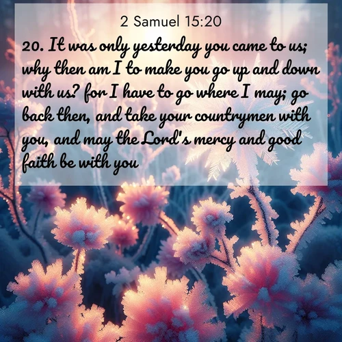 BasicEnglish 2 Samuel  ; image nature: image with the bible verse :It was only yesterday you came to us; why then am I to make you go up and down with us? for I have to go where I may; go back then, and take your countrymen with you, and may the Lord&#039;s mercy and good faith be with you. ; Explore winter-themed Bible verse images illustrated by snowy mountains, frost-covered branches, and clear skies. These landscapes reflect divine purity and peace. Download verses like KJV 2 Samuel 15:20. Current verse is overlayed with the thematic nature scene : Morning light reveals frost flowers. Rainbow crystals bloom on bare branches. ; 15:20