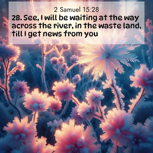 BasicEnglish 2 Samuel  ; image nature: image with the bible verse :See, I will be waiting at the way across the river, in the waste land, till I get news from you. ; Discover beautiful Bible verse images that combine inspiring scripture with captivating nature photos. Download high-quality images featuring lush valleys, peaceful streams, and endless horizons like KJV 2 Samuel 15:28. Current verse is overlayed with the thematic nature scene : Morning light reveals frost flowers. Rainbow crystals bloom on bare branches. ; 15:28
