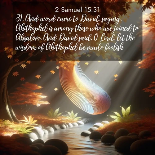 BasicEnglish 2 Samuel  ; image nature: image with the bible verse :And word came to David, saying, Ahithophel is among those who are joined to Absalom. And David said, O Lord, let the wisdom of Ahithophel be made foolish. ; Explore a collection of free Bible verse images paired with serene landscapes like golden beaches, verdant forests, and clear blue skies. Each image is ideal for desktop or phone wallpapers. Share verses like KJV 2 Samuel 15:31. Current verse is overlayed with the thematic nature scene : Autumn leaves spiral through shafts of light. A hidden stream provides gentle music. ; 15:31