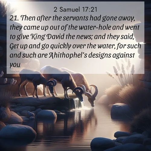 BBE 2 Samuel 17:21 overlaying nature image scene: Desert bighorns drink from hidden springs. Time flows like water through stone.;21. Then after the servants had gone away, they came up out of the water-hole and went to give King David the news; and they said, Get up and go quickly over the water, for such and such are Ahithophel's designs against you.
