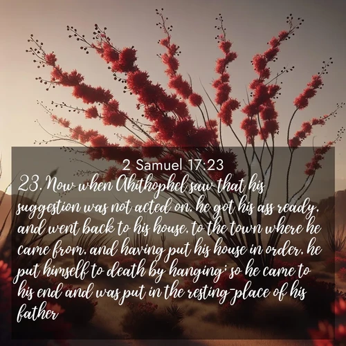 BBE 2 Samuel 17:23 overlaying nature image scene: Desert ocotillo flames crimson red. Wind sings through thorny branches.;23. Now when Ahithophel saw that his suggestion was not acted on, he got his ass ready, and went back to his house, to the town where he came from, and having put his house in order, he put himself to death by hanging; so he came to his end and was put in the resting-place of his father.
