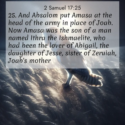 BBE 2 Samuel 17:25 overlaying nature image scene: A barn owl quarters silent fields. Moonlight turns meadow grass to silver.;25. And Absalom put Amasa at the head of the army in place of Joab. Now Amasa was the son of a man named Ithra the Ishmaelite, who had been the lover of Abigail, the daughter of Jesse, sister of Zeruiah, Joab's mother.