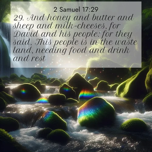 BBE 2 Samuel 17:29 overlaying nature image scene: Rainbow prisms dance in a waterfall's spray. Moss glows emerald in filtered light.;29. And honey and butter and sheep and milk-cheeses, for David and his people: for they said, This people is in the waste land, needing food and drink and rest.