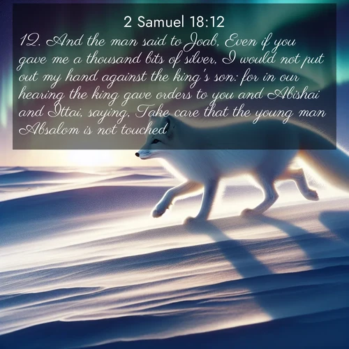 BasicEnglish 2 Samuel  ; image nature: image with the bible verse :And the man said to Joab, Even if you gave me a thousand bits of silver, I would not put out my hand against the king&#039;s son: for in our hearing the king gave orders to you and Abishai and Ittai, saying, Take care that the young man Absalom is not touched. ; Discover a unique collection of Bible verses adorned with winter landscapes, such as snow-covered forests, gently falling snowflakes, and pristine mountains. These images evoke the peace and purity of God&#039;s creation. Share verses like KJV 2 Samuel 18:12. Current verse is overlayed with the thematic nature scene : An arctic fox hunts across windswept tundra. Northern lights paint its white coat in pastels. ; 18:12