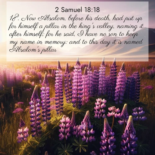 BasicEnglish 2 Samuel  ; image nature: image with the bible verse :Now Absalom, before his death, had put up for himself a pillar in the king&#039;s valley, naming it after himself; for he said, I have no son to keep my name in memory: and to this day it is named Absalom&#039;s pillar. ; Admire our free collection of Bible verse images with beautiful landscapes like sunlit forests, rippling waters, and radiant dawns. Each verse, such as KJV 2 Samuel 18:18, is ready to download and share. Current verse is overlayed with the thematic nature scene : Wild lupines paint purple meadows. Snow lingers on distant peaks. ; 18:18