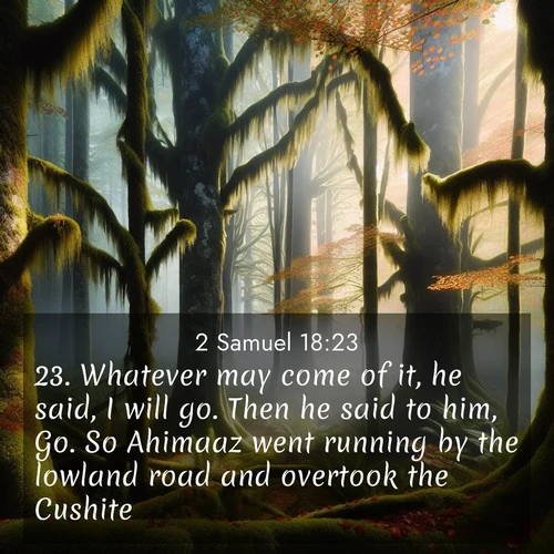 BasicEnglish 2 Samuel  ; image nature: image with the bible verse :Whatever may come of it, he said, I will go. Then he said to him, Go. So Ahimaaz went running by the lowland road and overtook the Cushite. ; Admire Bible images representing autumn, with swirling leaves, misty skies, and vibrant trees. These images inspire profound spiritual reflection. Download and share verses like KJV 2 Samuel 18:23. Current verse is overlayed with the thematic nature scene : Autumn fog shrouds an old-growth forest draped in moss and lichen. ; 18:23