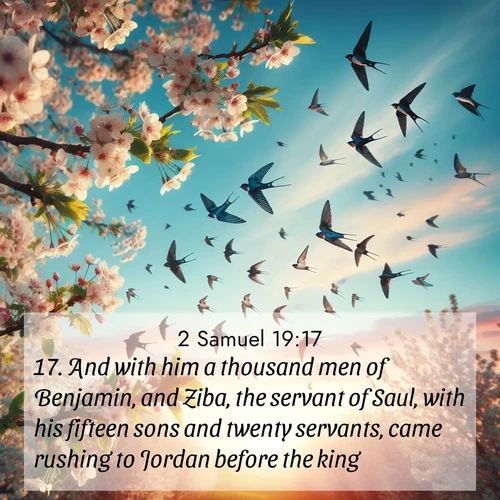 BBE 2 Samuel 19:17 overlaying nature image scene: Spring migration fills the sky with countless swallows.;17. And with him a thousand men of Benjamin, and Ziba, the servant of Saul, with his fifteen sons and twenty servants, came rushing to Jordan before the king,
