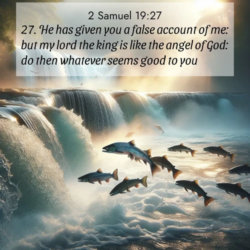 BBE 2 Samuel 19:27 overlaying nature image scene: Wild salmon leap ancient waterfalls. Mist rises like spirits in morning light.;27. He has given you a false account of me: but my lord the king is like the angel of God: do then whatever seems good to you.