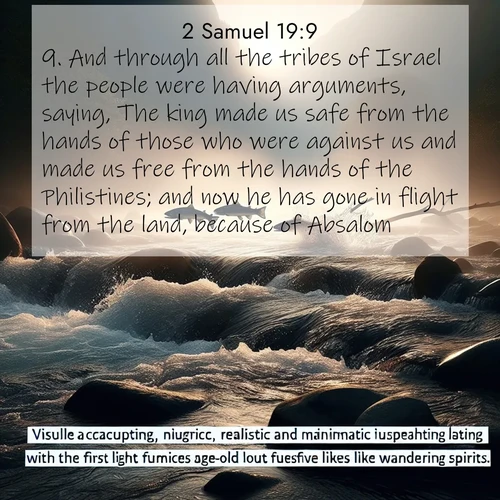 BBE 2 Samuel 19:9 overlaying nature image scene: Wild salmon leap ancient rapids. Mist rises like spirits at dawn.;9. And through all the tribes of Israel the people were having arguments, saying, The king made us safe from the hands of those who were against us and made us free from the hands of the Philistines; and now he has gone in flight from the land, because of Absalom.