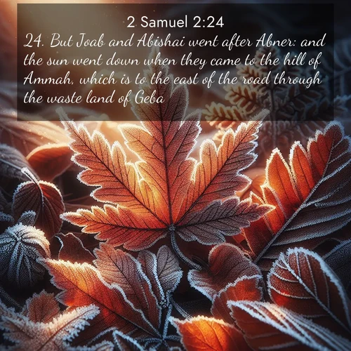 BasicEnglish 2 Samuel  ; image nature: image with the bible verse :But Joab and Abishai went after Abner: and the sun went down when they came to the hill of Ammah, which is to the east of the road through the waste land of Geba. ; Discover a rich selection of Bible verse images illustrated by natural landscapes like tranquil beaches, golden fields, and majestic trees. These images aim to capture the peace and beauty of God&#039;s creation, with vibrant colors and varied typography. Download and share inspiring verses like KJV 2 Samuel 2:24. Current verse is overlayed with the thematic nature scene : Autumn frost rims fallen leaves with crystal. ; 2:24