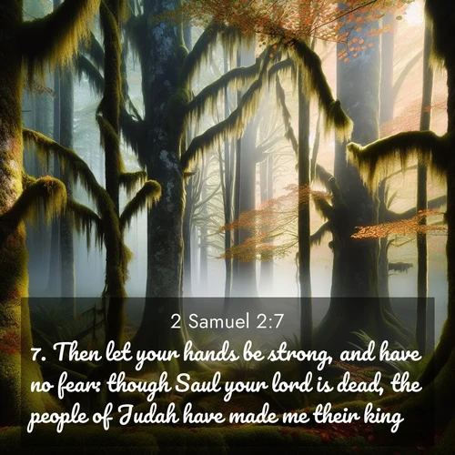 BasicEnglish 2 Samuel  ; image nature: image with the bible verse :Then let your hands be strong, and have no fear: though Saul your lord is dead, the people of Judah have made me their king. ; Explore a unique collection of Bible verses illustrated by winter landscapes, such as snowy mountains, frosty forests, and starry skies. These images capture the peace and beauty of winter. Share verses like KJV 2 Samuel 2:7. Current verse is overlayed with the thematic nature scene : Autumn fog shrouds an old-growth forest draped in moss and lichen. ; 2:7