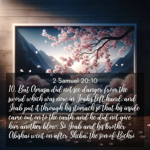 BBE 2 Samuel 20:10 overlaying nature image scene: Cherry blossoms swirl in a spring breeze. Their petals dust the surface of a still mountain pond.;10. But Amasa did not see danger from the sword which was now in Joab's left hand, and Joab put it through his stomach so that his inside came out on to the earth, and he did not give him another blow. So Joab and his brother Abishai went on after Sheba, the son of Bichri.
