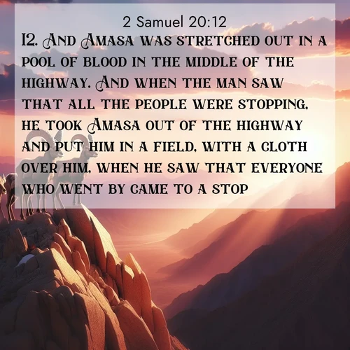 BBE 2 Samuel 20:12 overlaying nature image scene: Desert bighorns pause on a knife-edge ridge. Sunset paints their horns in gold.;12. And Amasa was stretched out in a pool of blood in the middle of the highway. And when the man saw that all the people were stopping, he took Amasa out of the highway and put him in a field, with a cloth over him, when he saw that everyone who went by came to a stop.
