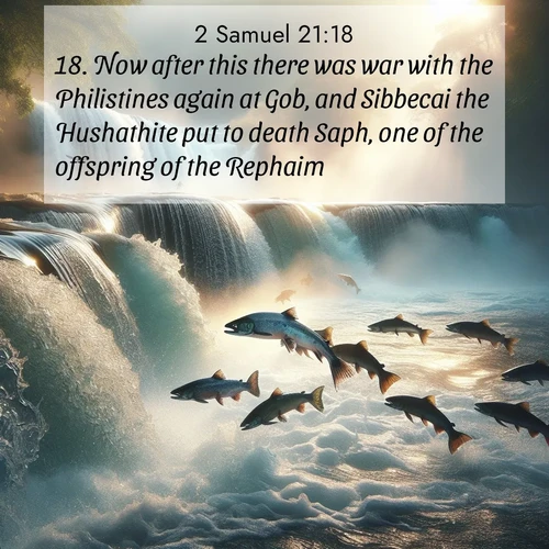 BasicEnglish 2 Samuel  ; image nature: image with the bible verse :Now after this there was war with the Philistines again at Gob, and Sibbecai the Hushathite put to death Saph, one of the offspring of the Rephaim. ; Browse a large collection of Bible verse images with photos showcasing the splendor of nature. Scenes of peaceful rivers, verdant valleys, and radiant skies enhance the inspiring verses. Each image reflects the serenity and joy of God&#039;s creation, with elegant text fonts. Download and share verses such as KJV 2 Samuel 21:18. Current verse is overlayed with the thematic nature scene : Wild salmon leap ancient waterfalls. Mist rises like spirits in morning light. ; 21:18