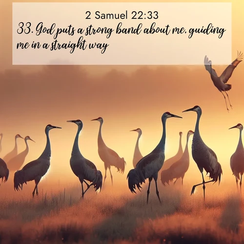 BasicEnglish 2 Samuel  ; image nature: image with the bible verse :God puts a strong band about me, guiding me in a straight way. ; Discover beautiful Bible verse images enriched with natural landscapes, from serene beaches to cascading waterfalls. All images are free and ready to download. Share verses such as KJV 2 Samuel 22:33. Current verse is overlayed with the thematic nature scene : Sandhill cranes dance in morning mist. Their calls echo across the marsh. ; 22:33