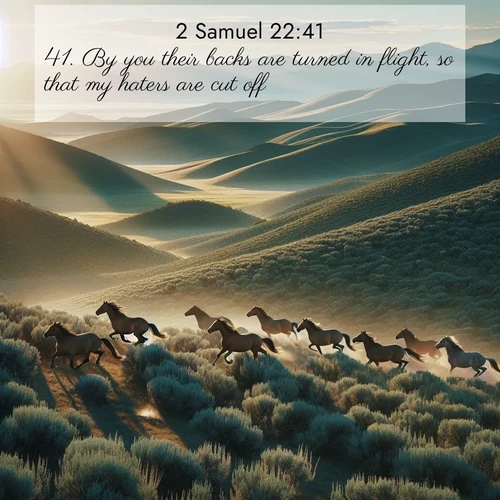 BasicEnglish 2 Samuel  ; image nature: image with the bible verse :By you their backs are turned in flight, so that my haters are cut off. ; Explore a collection of Bible verses paired with springtime scenes, featuring blooming flowers, lush meadows, and trees in full bloom. These images symbolize divine renewal and hope. Download inspiring verses like KJV 2 Samuel 22:41. Current verse is overlayed with the thematic nature scene : Wild mustangs gallop across sage-covered hills in the morning light. ; 22:41