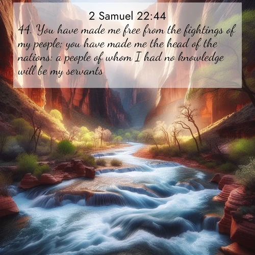 BasicEnglish 2 Samuel  ; image nature: image with the bible verse :You have made me free from the fightings of my people; you have made me the head of the nations: a people of whom I had no knowledge will be my servants. ; Dive into our collection of Bible verse images combined with sublime nature photos, such as graceful waterfalls, radiant sunsets, and endless meadows. These compositions highlight the peace and harmony of God&#039;s creation with vivid colors and carefully integrated text. Download and share verses like KJV 2 Samuel 22:44. Current verse is overlayed with the thematic nature scene : Spring floods transform a desert canyon into a rushing river. ; 22:44