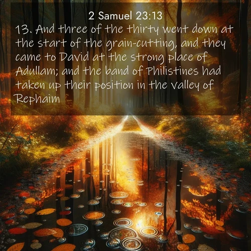BasicEnglish 2 Samuel  ; image nature: image with the bible verse :And three of the thirty went down at the start of the grain-cutting, and they came to David at the strong place of Adullam; and the band of Philistines had taken up their position in the valley of Rephaim. ; Explore an exceptional collection of Bible verse images accompanied by photos of nature, showcasing snowy mountains, serene forests, and still lakes. These images feature luminous tones and varied fonts to bring serenity and inspiration. Share uplifting verses like KJV 2 Samuel 23:13. Current verse is overlayed with the thematic nature scene : Autumn colors reflect in rain puddles on a forest path. ; 23:13