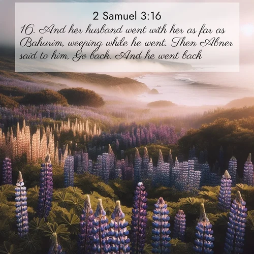 BasicEnglish 2 Samuel  ; image nature: image with the bible verse :And her husband went with her as far as Bahurim, weeping while he went. Then Abner said to him, Go back. And he went back. ; Browse a gallery of Bible verses paired with summer scenes, such as golden wheat fields, bright skies, and sunny beaches. These images convey the joy and warmth of God&#039;s creation. Download and share verses like KJV 2 Samuel 3:16. Current verse is overlayed with the thematic nature scene : Wild lupines carpet a coastal meadow. Ocean fog rolls in on silent feet. ; 3:16