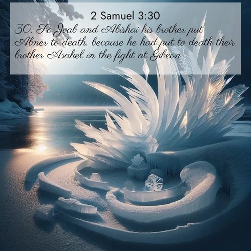 BasicEnglish 2 Samuel  ; image nature: image with the bible verse :So Joab and Abishai his brother put Abner to death, because he had put to death their brother Asahel in the fight at Gibeon. ; Explore a gallery of beautiful Bible verse images with tranquil natural settings—perfect for phone backgrounds or inspirational posts. Download your favorite verses like KJV 2 Samuel 3:30 today. Current verse is overlayed with the thematic nature scene : Winter ice forms abstract sculptures along a lake shore. ; 3:30
