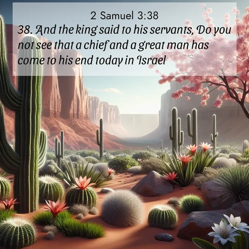 BasicEnglish 2 Samuel  ; image nature: image with the bible verse :And the king said to his servants, Do you not see that a chief and a great man has come to his end today in Israel? ; Explore a collection of Bible verses paired with springtime scenes, featuring blooming flowers, lush meadows, and trees in full bloom. These images symbolize divine renewal and hope. Download inspiring verses like KJV 2 Samuel 3:38. Current verse is overlayed with the thematic nature scene : Desert cacti burst with spring blooms against red sandstone formations. ; 3:38