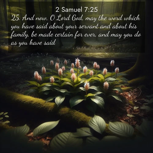 BasicEnglish 2 Samuel  ; image nature: image with the bible verse :And now, O Lord God, may the word which you have said about your servant and about his family, be made certain for ever, and may you do as you have said! ; Discover tranquil Bible verse images enhanced with natural scenery like rippling brooks, snow-covered fields, and sunlit beaches. These free images are perfect for wallpapers or spiritual reflection. Share KJV 2 Samuel 7:25. Current verse is overlayed with the thematic nature scene : Wild ginger blooms hidden in forest shadows. Filtered sunlight reveals their secret beauty. ; 7:25