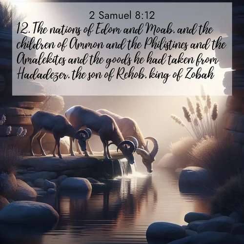 BasicEnglish 2 Samuel  ; image nature: image with the bible verse :The nations of Edom and Moab, and the children of Ammon and the Philistines and the Amalekites and the goods he had taken from Hadadezer, the son of Rehob, king of Zobah. ; Explore a unique collection of Bible verses illustrated by winter landscapes, such as snowy mountains, frosty forests, and starry skies. These images capture the peace and beauty of winter. Share verses like KJV 2 Samuel 8:12. Current verse is overlayed with the thematic nature scene : Desert bighorns drink from hidden springs. Time flows like water through stone. ; 8:12