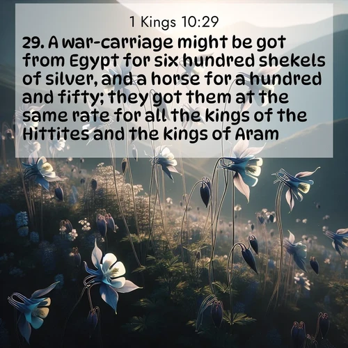 BasicEnglish 1 Kings  ; image nature: image with the bible verse :A war-carriage might be got from Egypt for six hundred shekels of silver, and a horse for a hundred and fifty; they got them at the same rate for all the kings of the Hittites and the kings of Aram. ; Browse an inspiring gallery of Bible verse images with nature photos, such as blooming gardens, golden deserts, and shaded forests. The chosen images capture the peaceful and joyful essence of God&#039;s creation, with vibrant colors and harmonious fonts. Share verses like KJV 1 Kings 10:29. Current verse is overlayed with the thematic nature scene : Wild columbines dance on impossibly thin stems. Mountain breezes carry their perfume. ; 10:29
