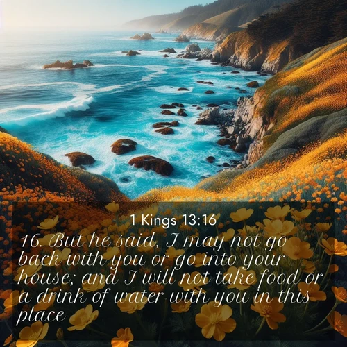 BasicEnglish 1 Kings  ; image nature: image with the bible verse :But he said, I may not go back with you or go into your house; and I will not take food or a drink of water with you in this place; ; Discover Bible images adorned with spring landscapes, like tulip fields, cherry blossoms, and green hills. These bright scenes symbolize God&#039;s renewal and grace. Download verses like KJV 1 Kings 13:16. Current verse is overlayed with the thematic nature scene : Wild mustard flowers carpet coastal cliffs. Pacific waves provide endless percussion below. ; 13:16