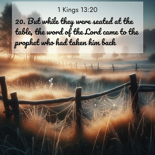 BasicEnglish 1 Kings  ; image nature: image with the bible verse :But while they were seated at the table, the word of the Lord came to the prophet who had taken him back; ; Admire Bible verse images featuring tranquil rivers, golden fields, and starry heavens. These free-to-download images make inspiring wallpapers or thoughtful gifts. Download KJV 1 Kings 13:20 now. Current verse is overlayed with the thematic nature scene : Morning frost coats spider webs stretched between fence posts in a country meadow. ; 13:20