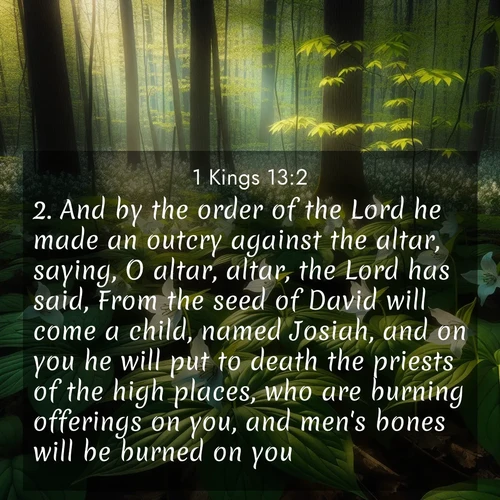 BasicEnglish 1 Kings  ; image nature: image with the bible verse :And by the order of the Lord he made an outcry against the altar, saying, O altar, altar, the Lord has said, From the seed of David will come a child, named Josiah, and on you he will put to death the priests of the high places, who are burning offerings on you, and men&#039;s bones will be burned on you. ; Admire our free collection of Bible verse images with beautiful landscapes like sunlit forests, rippling waters, and radiant dawns. Each verse, such as KJV 1 Kings 13:2, is ready to download and share. Current verse is overlayed with the thematic nature scene : Wild trillium carpets the forest floor. Sunlight filters green through new spring leaves. ; 13:2