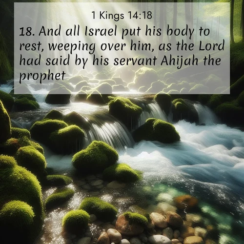 BasicEnglish 1 Kings  ; image nature: image with the bible verse :And all Israel put his body to rest, weeping over him, as the Lord had said by his servant Ahijah the prophet. ; Browse Bible images illustrated by desert landscapes, with endless skies, golden dunes, and isolated palm trees. These images evoke the calm and grandeur of God&#039;s creation. Download inspiring verses like KJV 1 Kings 14:18. Current verse is overlayed with the thematic nature scene : A mountain stream tumbles through moss-covered stones. Sunlight dapples the crystal-clear water. ; 14:18
