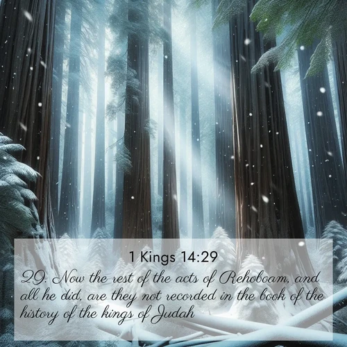BasicEnglish 1 Kings  ; image nature: image with the bible verse :Now the rest of the acts of Rehoboam, and all he did, are they not recorded in the book of the history of the kings of Judah? ; Browse an inspiring gallery of Bible verse images with nature photos, such as blooming gardens, golden deserts, and shaded forests. The chosen images capture the peaceful and joyful essence of God&#039;s creation, with vibrant colors and harmonious fonts. Share verses like KJV 1 Kings 14:29. Current verse is overlayed with the thematic nature scene : Snow falls silently on ancient redwoods. Shafts of light pierce through to illuminate the forest floor. ; 14:29