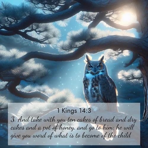 BasicEnglish 1 Kings  ; image nature: image with the bible verse :And take with you ten cakes of bread and dry cakes and a pot of honey, and go to him: he will give you word of what is to become of the child. ; Explore beautiful Bible verse images paired with serene natural settings, such as calm seas, snowy paths, and verdant hills. Each image is free to download for your spiritual inspiration. Share KJV 1 Kings 14:3. Current verse is overlayed with the thematic nature scene : A great horned owl watches from ancient pine branches. Moonlight silvers its silent wings. ; 14:3